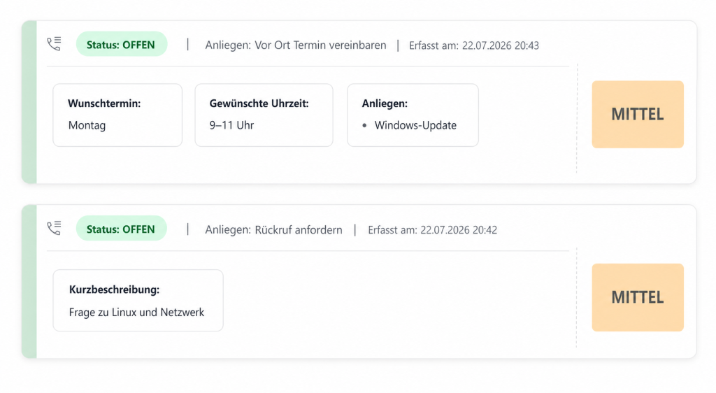 Strukturierte Tickets der SupernovaIT KI-Kommunikationsplattform mit Termin, Anliegen und Priorität