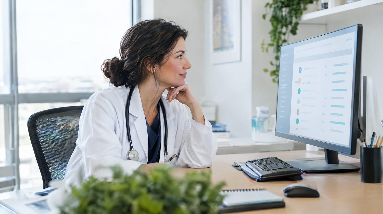 Ärztin prüft an ihrem Schreibtisch eine übersichtliche Liste neuer Patientenanfragen am Monitor