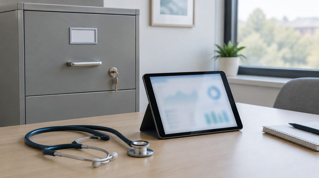 Verschlossener Aktenschrank neben einem Tablet mit unscharfem Dashboard und einem Stethoskop auf einem Schreibtisch