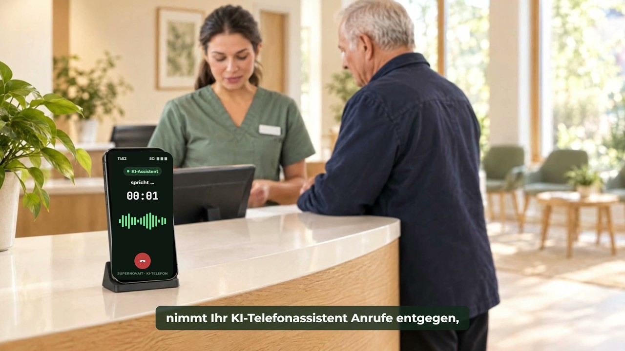 Vorschaubild: Empfang einer Arztpraxis, auf dem Smartphone nimmt der KI-Assistent gerade einen Anruf an