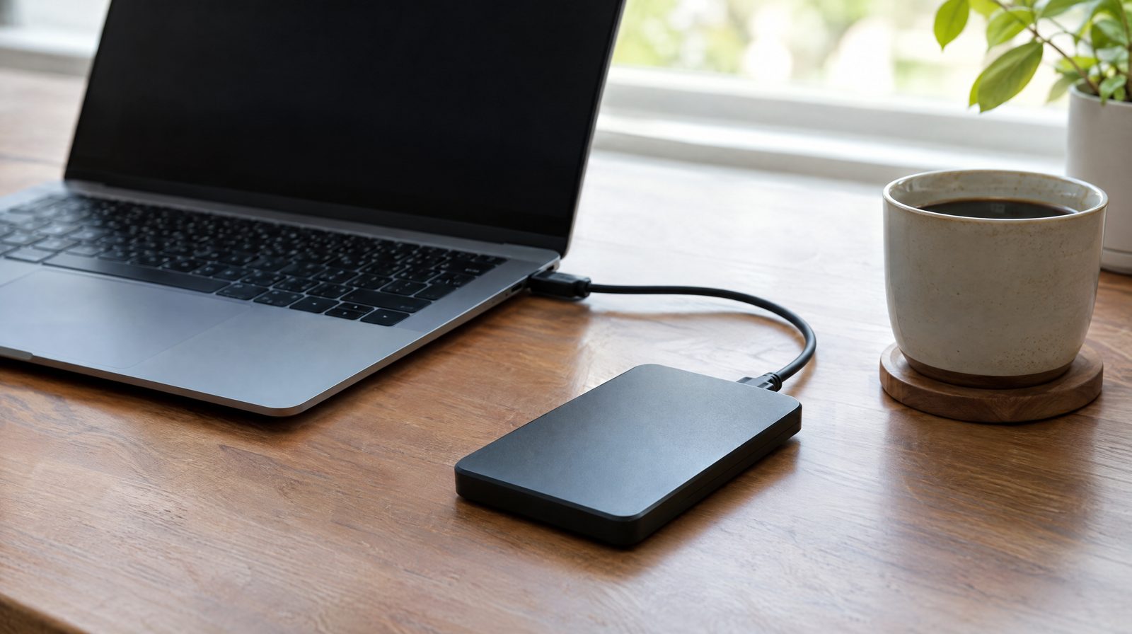 Laptop mit angeschlossener externer Festplatte für die Datensicherung auf einem Schreibtisch
