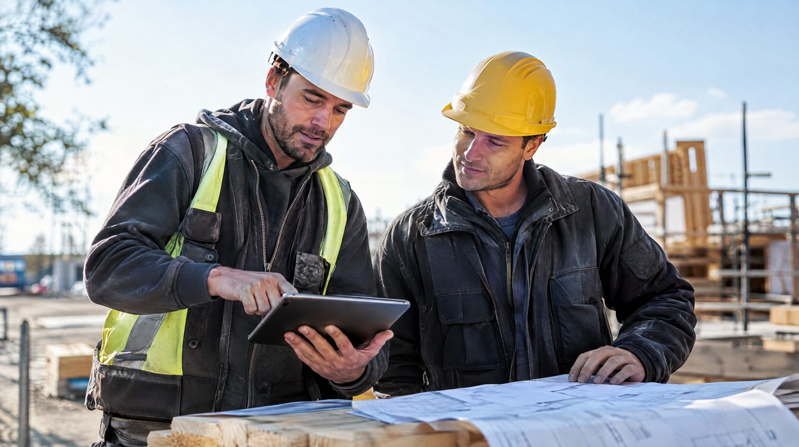 Zwei Handwerker besprechen auf einer Baustelle mit Tablet und Bauplänen den nächsten Auftrag