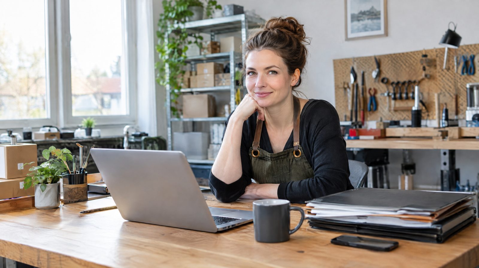 Inhaberin eines Handwerksbetriebs arbeitet entspannt im Werkstattbüro am Laptop
