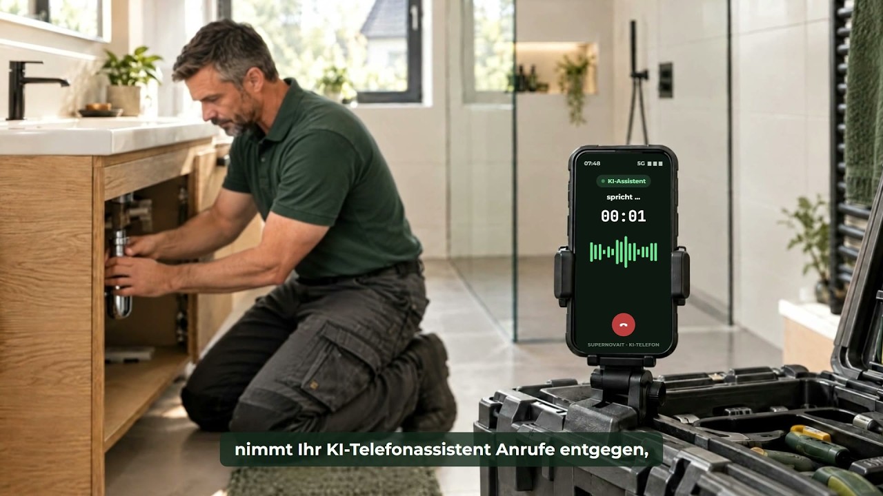 Vorschaubild: Smartphone im Werkzeugkoffer, der KI-Assistent nimmt gerade einen Anruf an, während der Installateur im Bad den Siphon anschließt