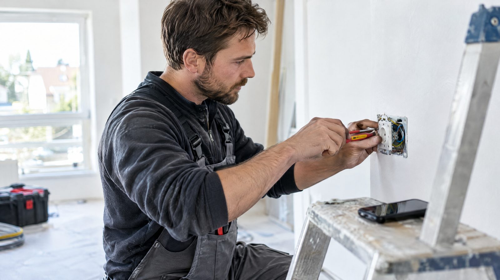 Elektriker arbeitet auf einer Baustelle an einer Steckdose, das Smartphone liegt auf der Leiter, der KI-Telefonassistent nimmt Anrufe an