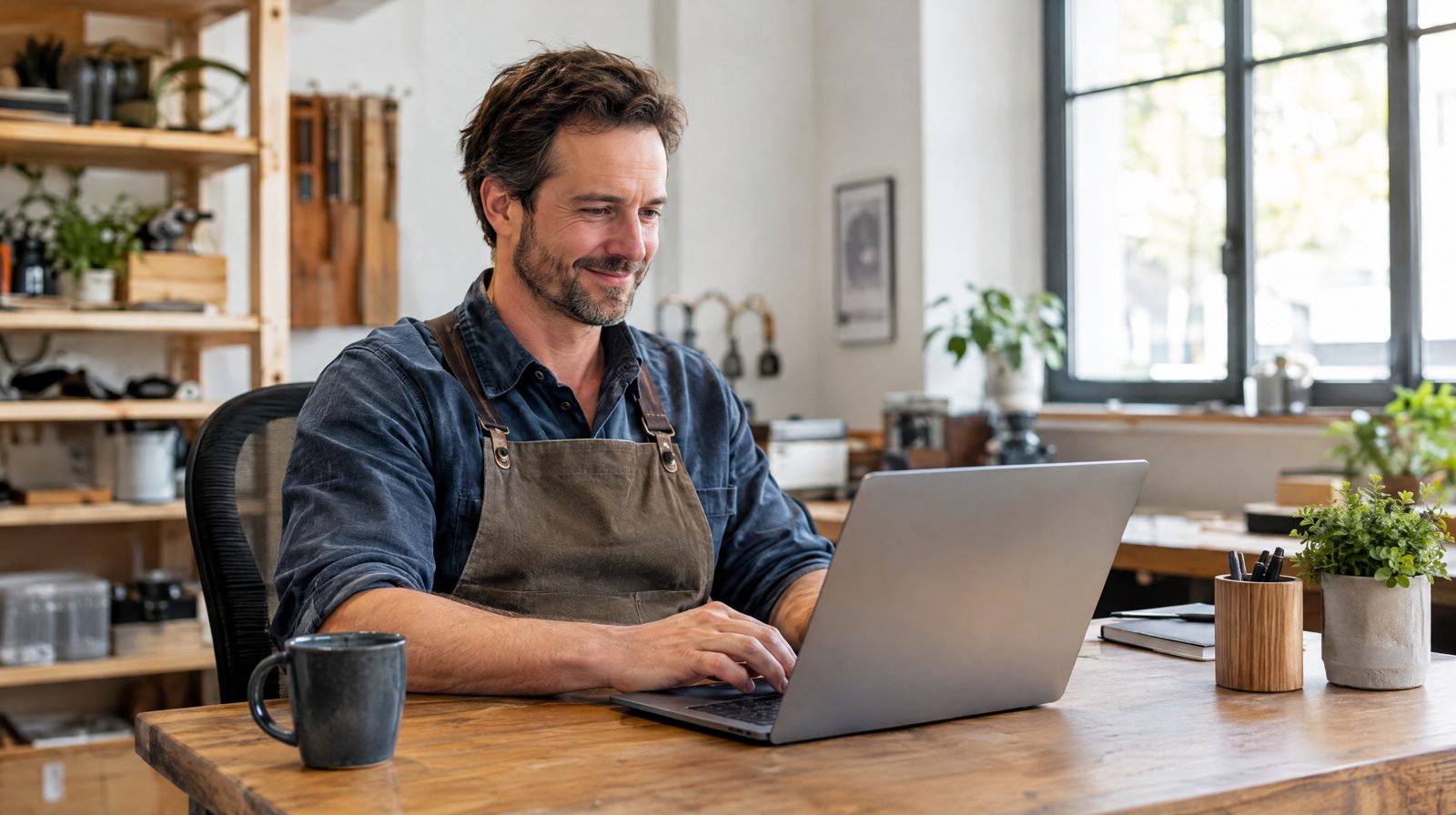 Betriebsinhaber in der Werkstatt arbeitet entspannt am Laptop, weil Routineaufgaben automatisch laufen