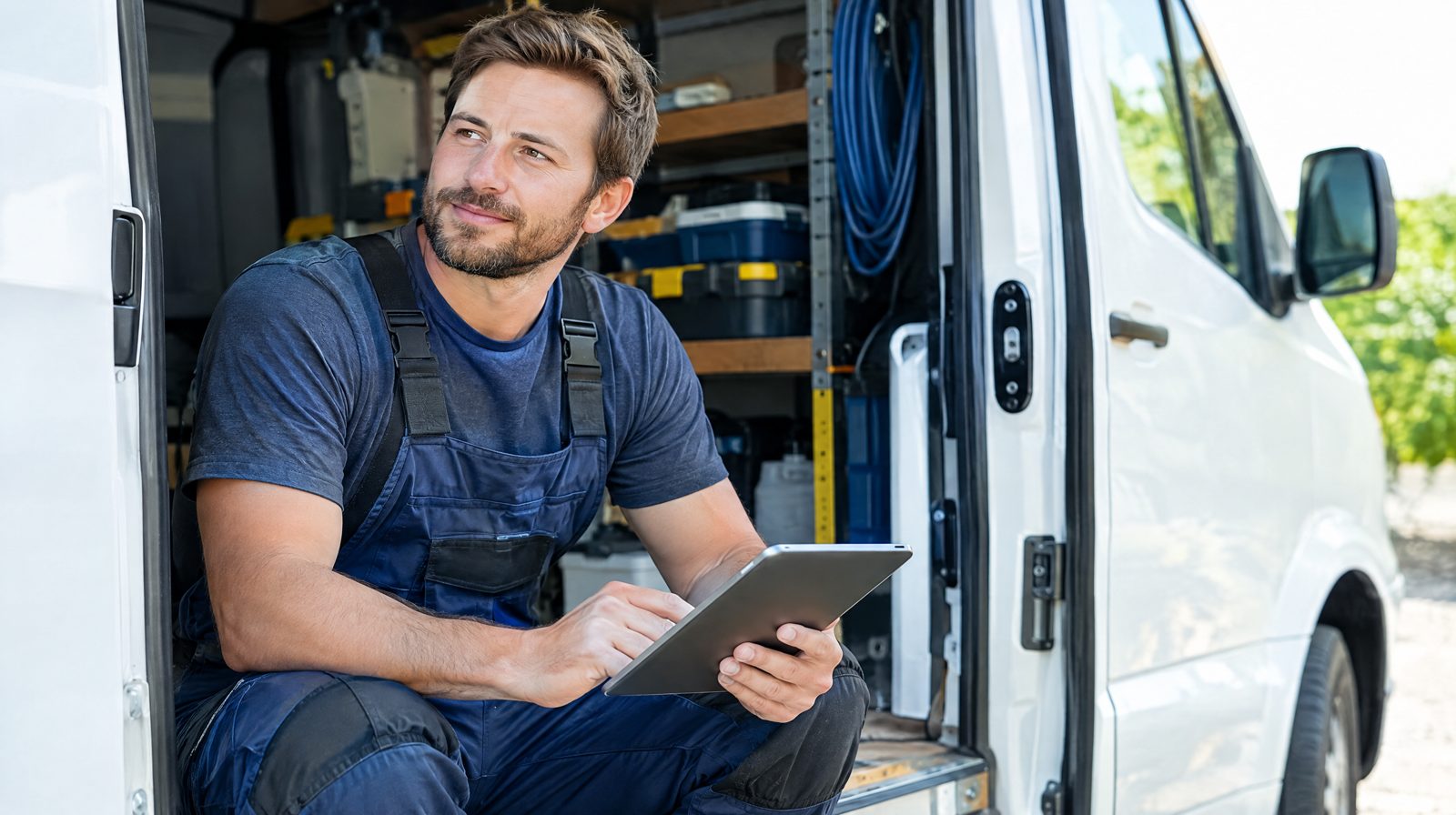 Handwerker sitzt im Transporter und sieht auf dem Tablet eine übersichtliche Liste neuer Kundenanfragen