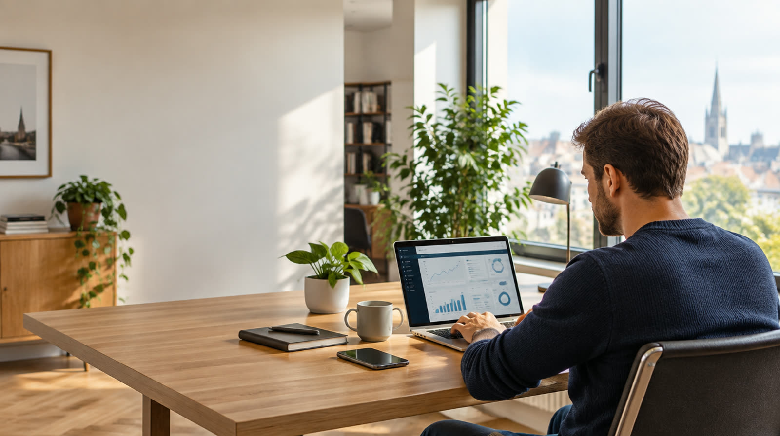 IT-Berater arbeitet in einem hellen Büro am Laptop mit Dashboard – persönliche IT-Betreuung von SupernovaIT