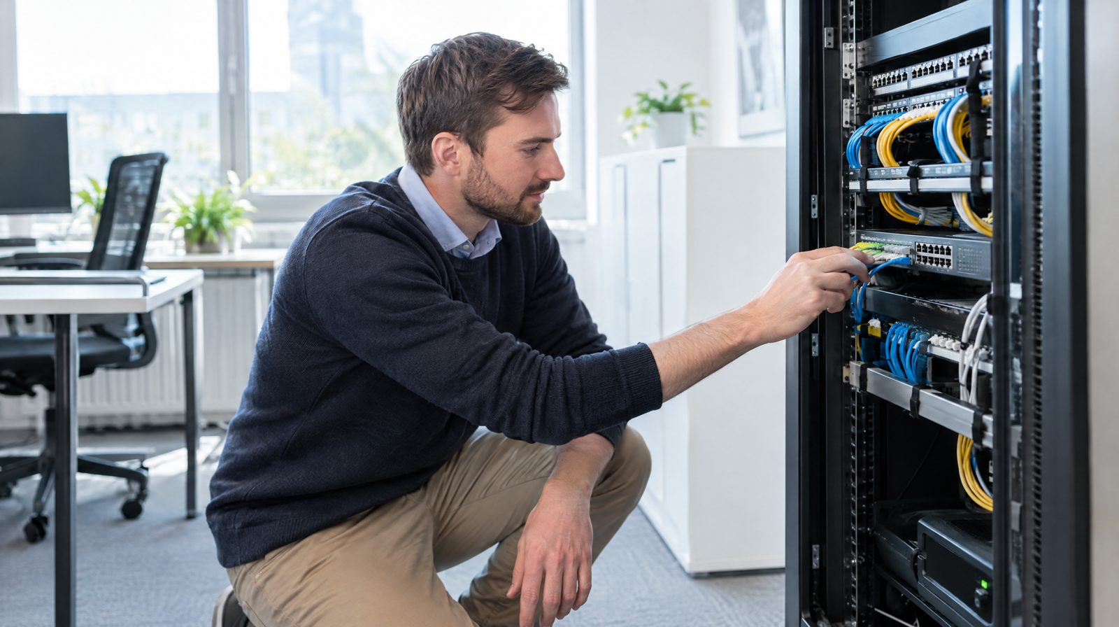IT-Service in Krefeld: IT-Betreuer prüft die Netzwerkverkabelung im Serverschrank eines Büros