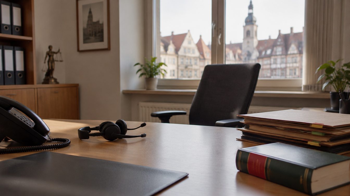Leerer Empfangstisch einer Kanzlei mit Telefon und Headset