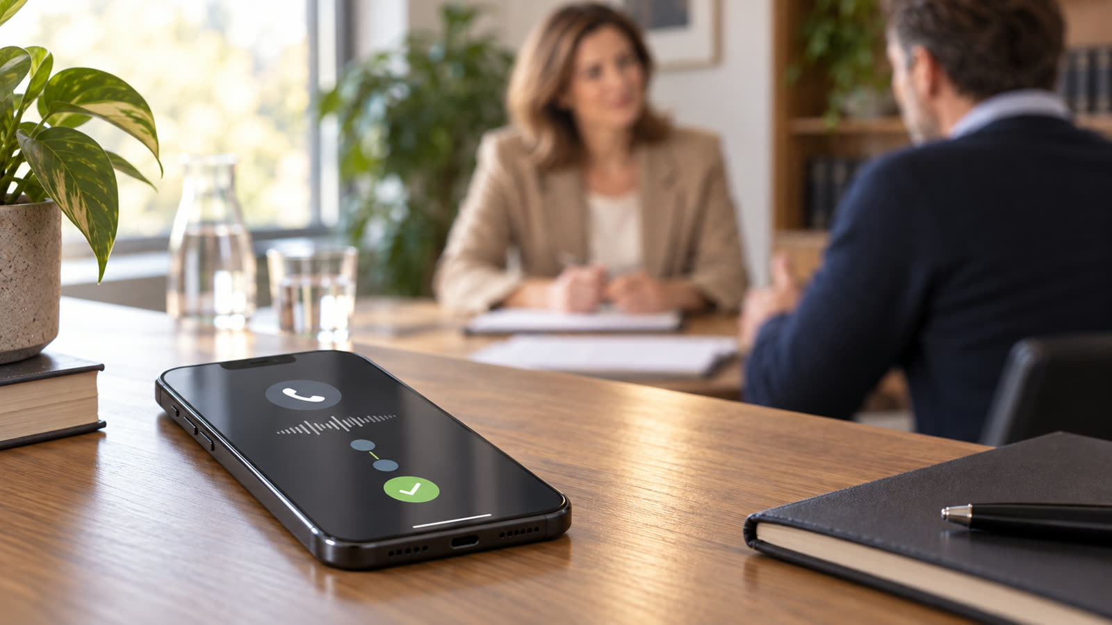 Smartphone zeigt einen vom KI-Telefonassistenten angenommenen Anruf, im Hintergrund ein Beratungsgespräch in der Kanzlei