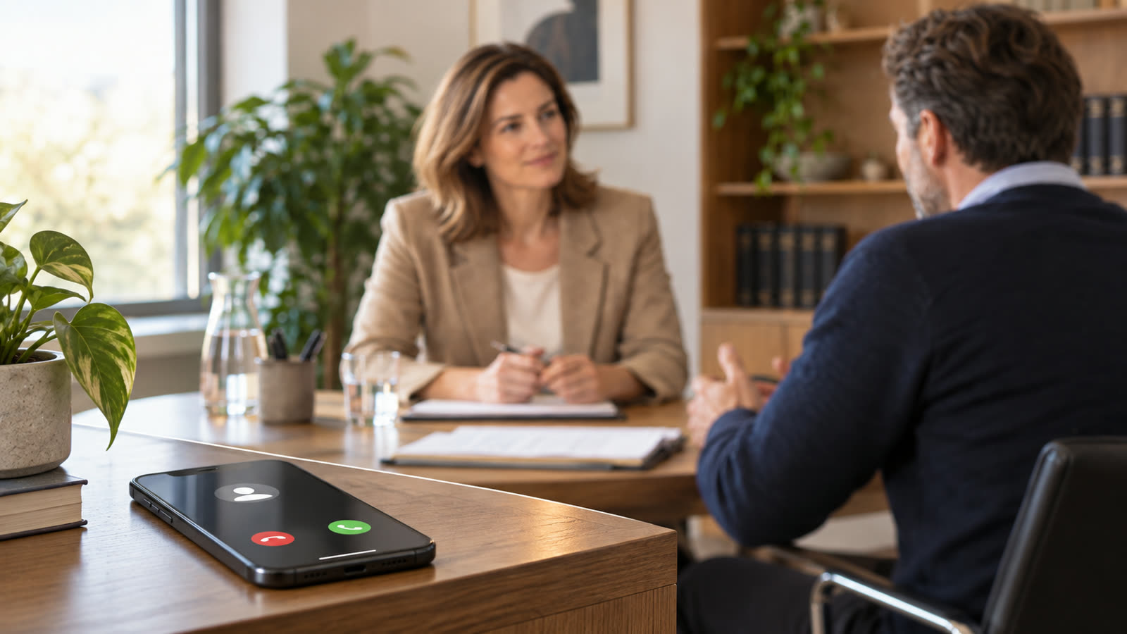 Eingehender Anruf auf dem Smartphone während eines Mandantengesprächs in der Kanzlei