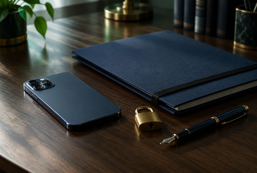 Smartphone neben verschlossener Mandantenakte, Messingschloss und Füller auf dem Schreibtisch
