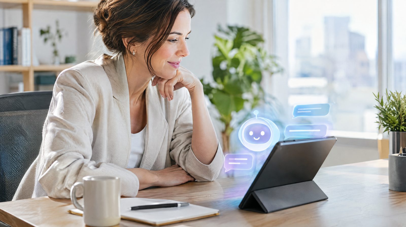 Unternehmerin nutzt einen KI-Assistenten auf dem Tablet an ihrem Schreibtisch