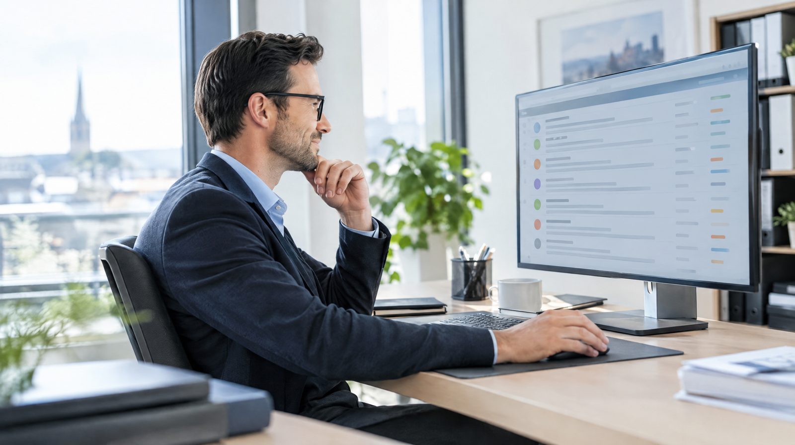 Steuerberater sieht an seinem Monitor eine übersichtliche Liste neuer Mandantenanfragen