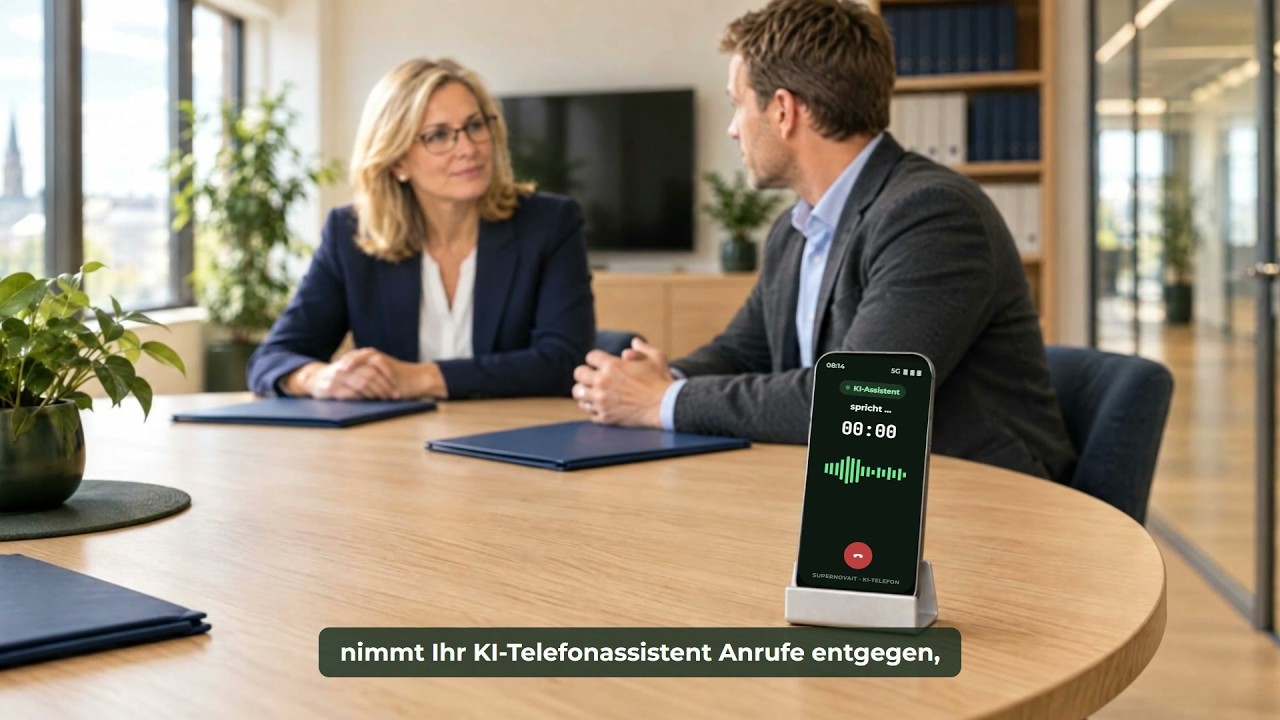 Vorschaubild: Smartphone auf dem Besprechungstisch, der KI-Assistent nimmt gerade einen Anruf an, während die Steuerberaterin mit einem Mandanten spricht